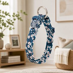 Floral Padded Dog Collar Small Blue Snap Buckle O Ring Leash Attachment