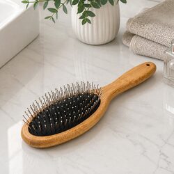 Bamboo Pin Brush Pet Grooming Tool Rounded Ends Stainless Steel Edge