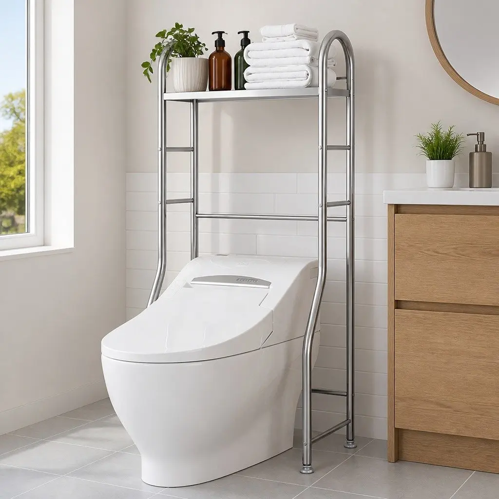 Toilet Storage Shelf Stainless Steel Single Tier Silver 110x48x25cm