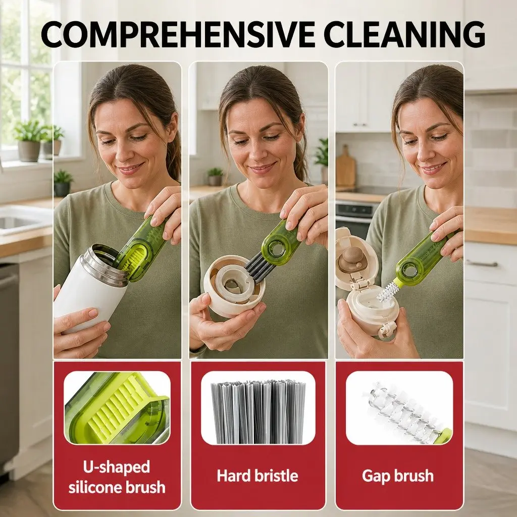 Cup Cleaning Brush Multi-Purpose Three-in-One Tool Set Plastic 3.4x1.6x11.4cm Grey Blue Green