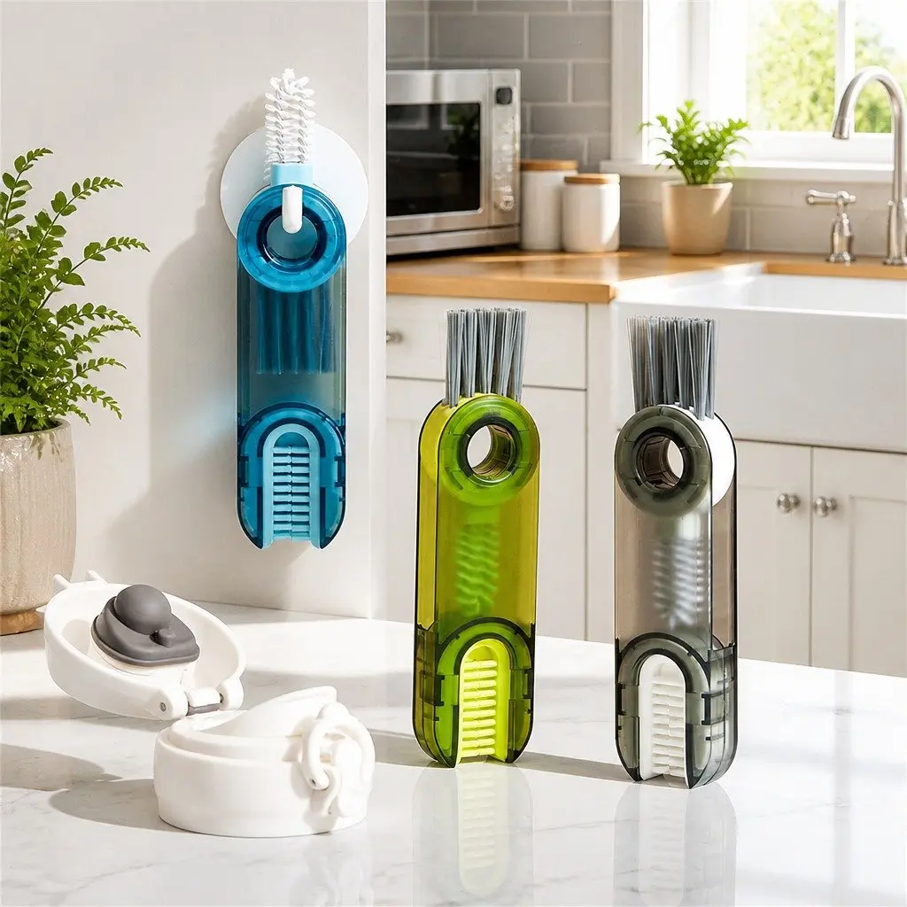 Cup Cleaning Brush Multi-Purpose Three-in-One Tool Set Plastic 3.4x1.6x11.4cm Grey Blue Green