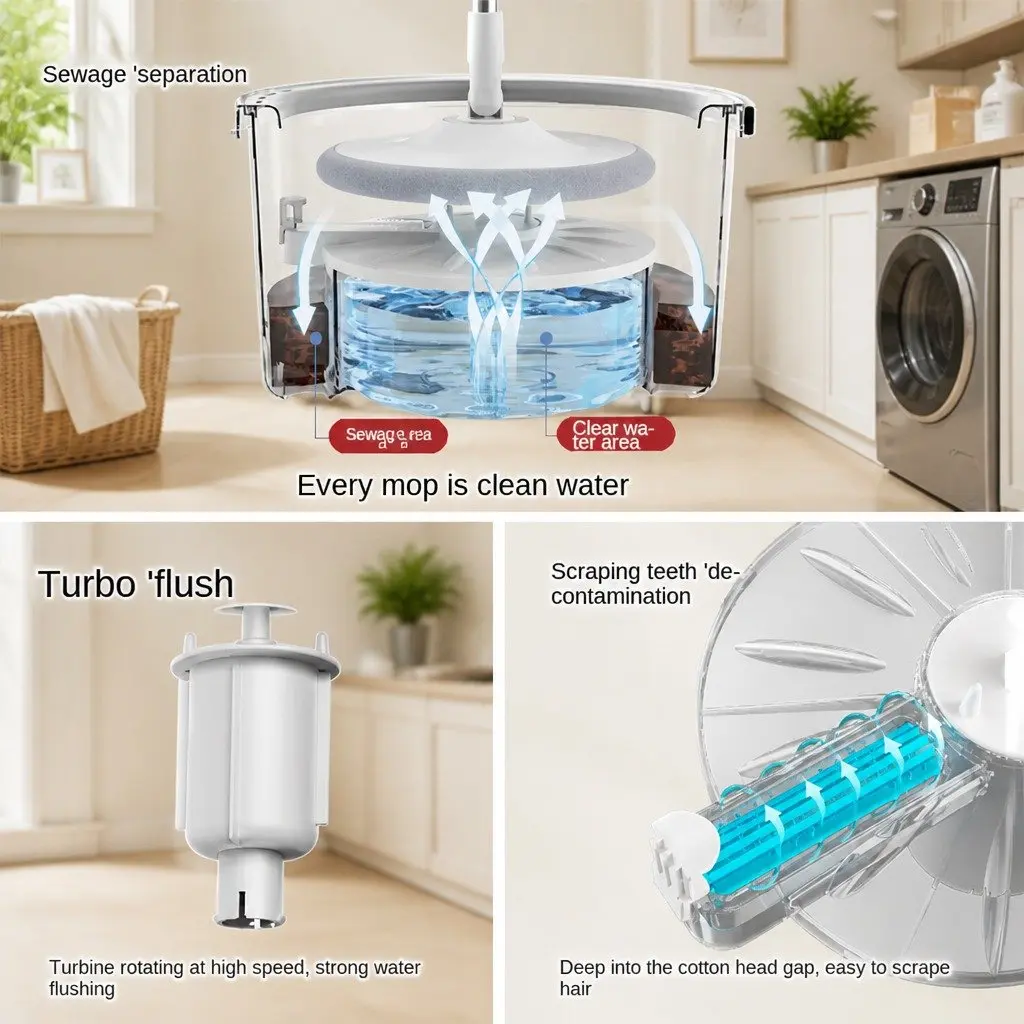 Flat Mop Rotary Hand-Wash-Free Sewage Separation Cleaning Grey White