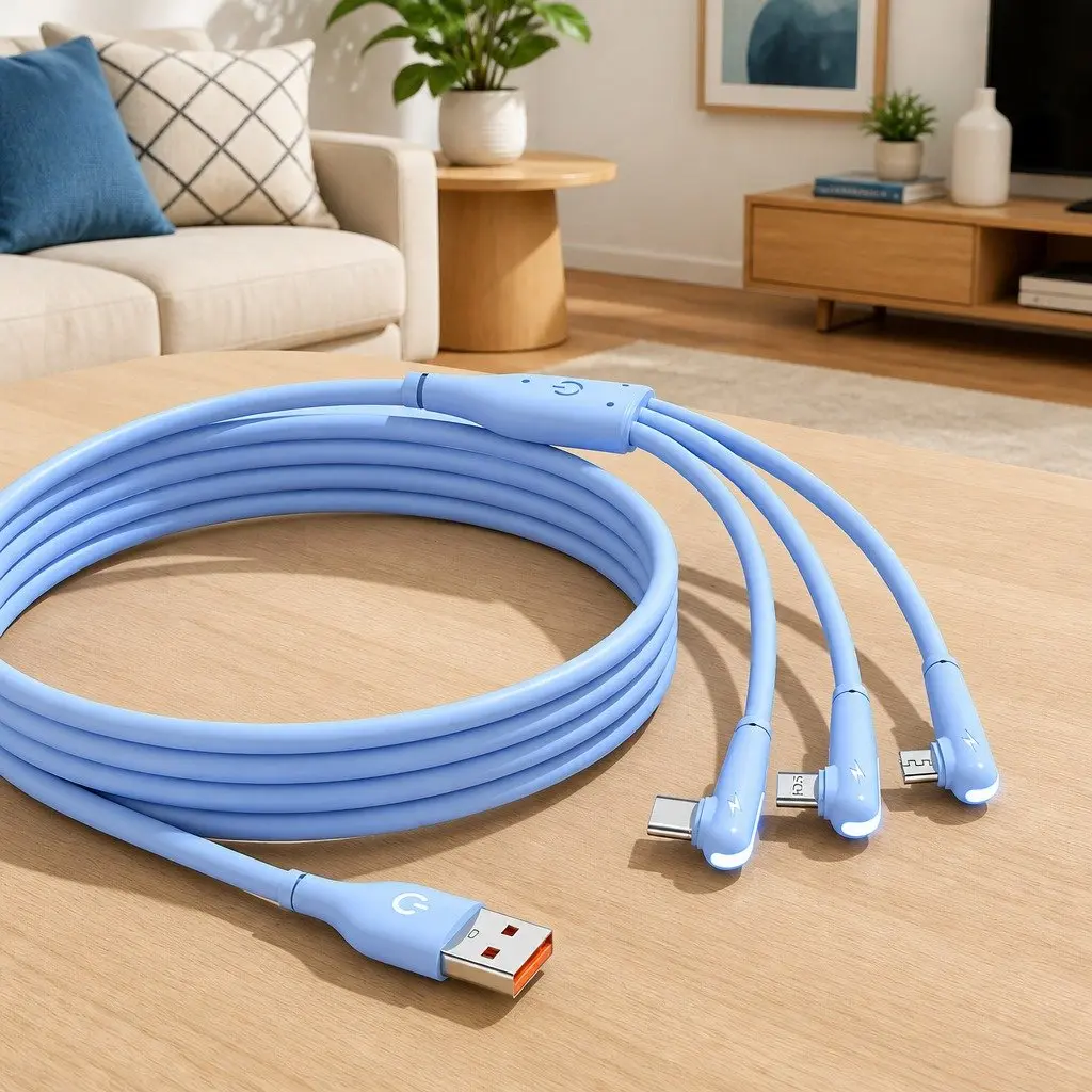 Three-in-One Fast Charging Data Cable Elbow Liquid Silicone 1.2m Blue