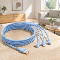 66W Fast Charging Three-in-One Data Cable Elbow Liquid Silicone Blue