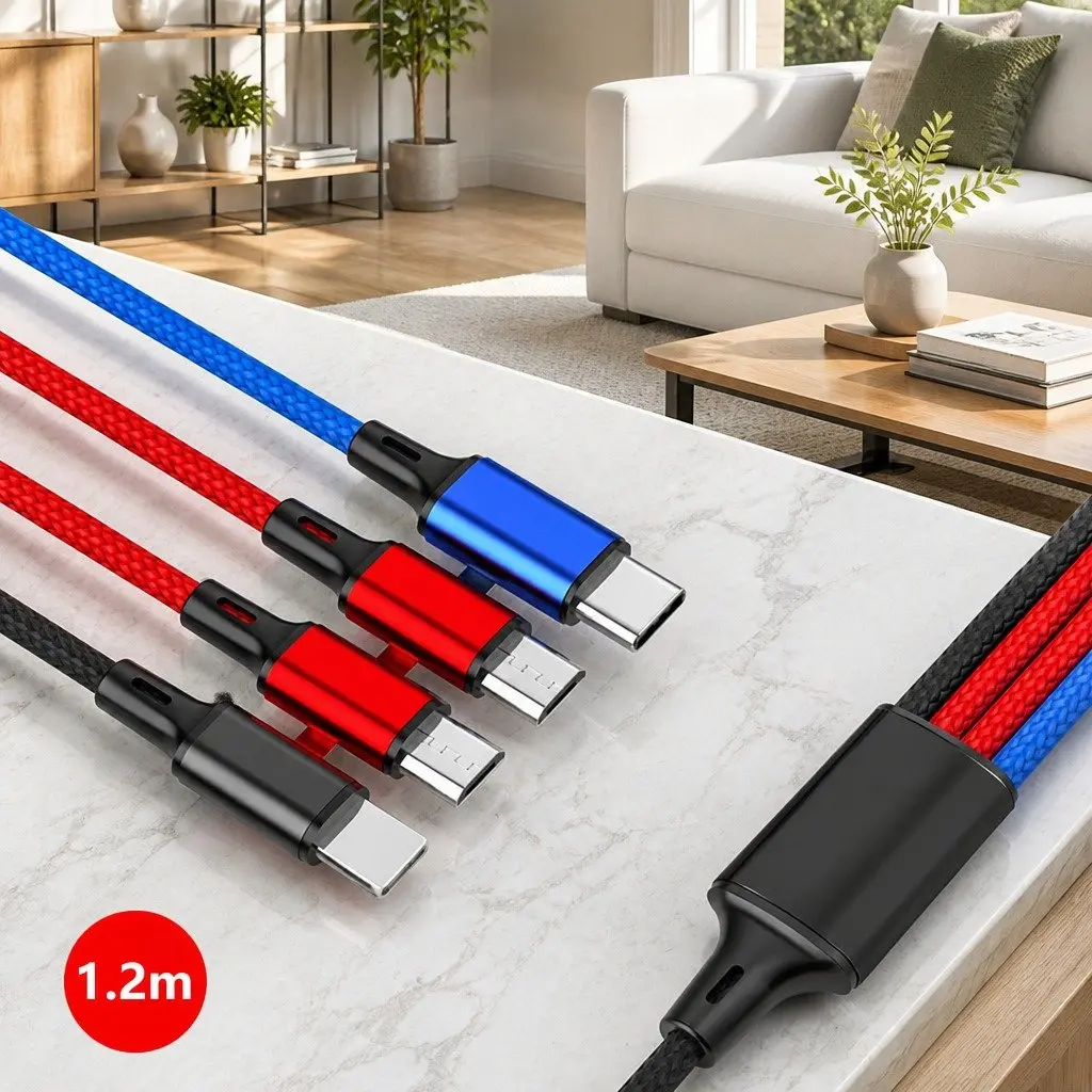 4-in-1 USB Charging Cable Fast Charge Nylon Woven Multi Device Colorful