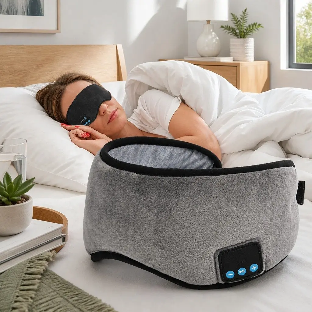 Bluetooth Wireless Stereo Eye Mask Headphones Relaxation Grey Water-Gold Velvet Composite Sponge 13x16.5x6cm