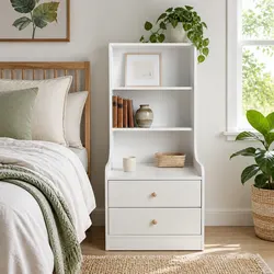 Warm White Bedside Table with 3 Open Shelves and 2 Drawers 114 cm