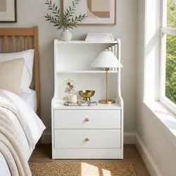 Sleek White Bedside Table with 2 Drawers and 2 Open Shelves 83x32x60cm