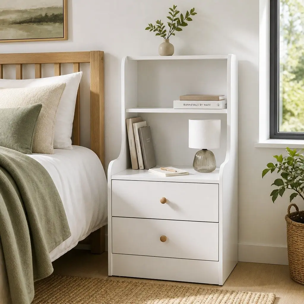 Sleek White Bedside Table with 2 Drawers and 2 Open Shelves 83x32x60cm