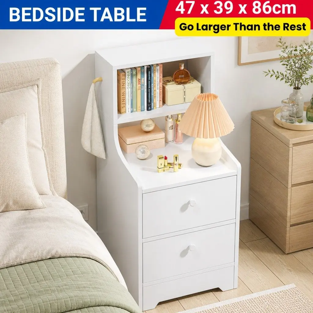 Sleek White Bedside Table with 2 Drawers and 2 Open Shelves 83x32x60cm