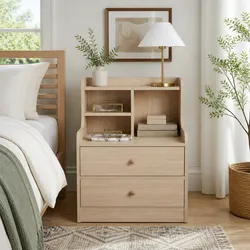 Scandinavian Bedside Table with 2 Drawers and Open Storage 67cm Light Wood