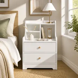 White Bedside Table Nightstand with 2 Drawers and Curved Sides 67cm