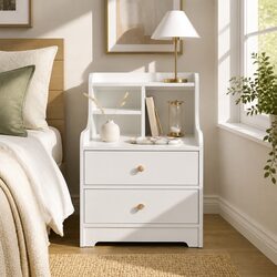 White Bedside Table Nightstand with 2 Drawers and Curved Sides 67cm