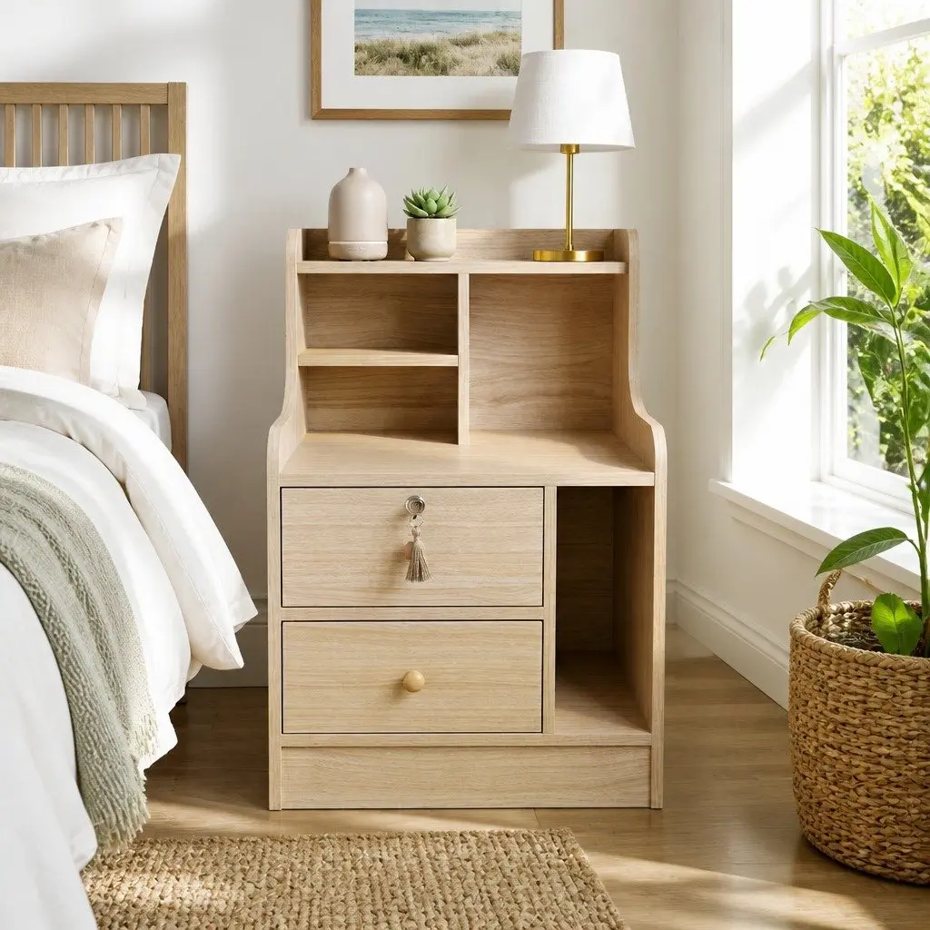 Nordic Style Bedside Table Nightstand 70cm with 2 Drawers and Open Shelf