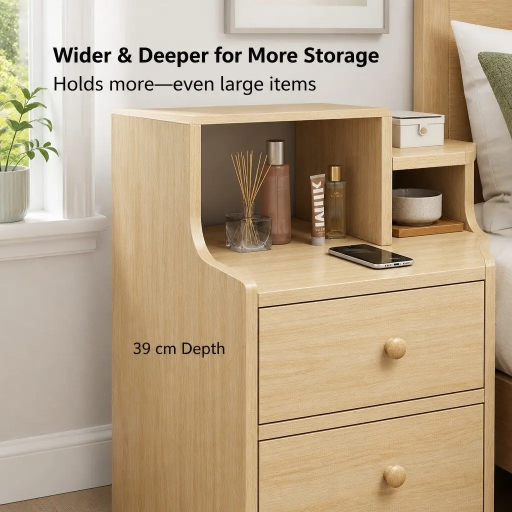 Bedside Table Nordic Style 70cm Light Wood Finish with 2 Drawers and Open Shelf