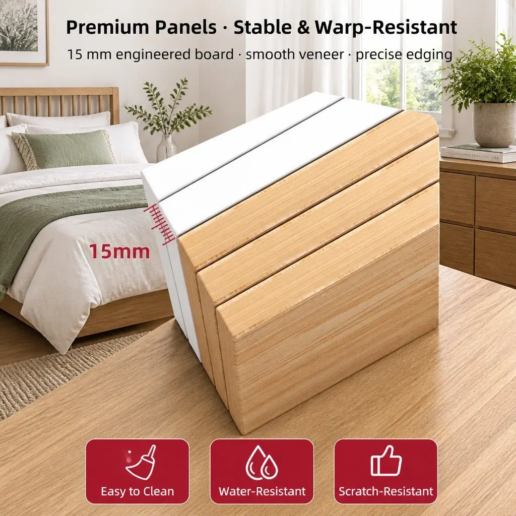 Bedside Table Nordic Style 70cm Light Wood Finish with 2 Drawers and Open Shelf