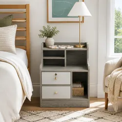 Light Gray Bedside Table Nightstand with 2 Drawers and Open Shelf Storage 70cm