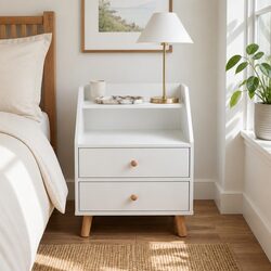 Scandinavian Bedside Table Nightstand 47 cm with 2 Drawers and Open Shelf