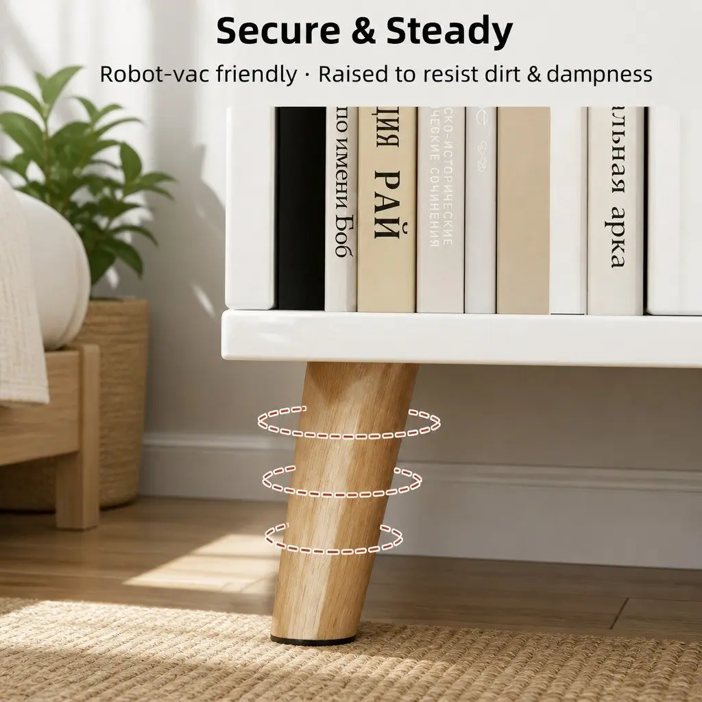 Bedside Table Scandinavian Nightstand 47 cm White Finish with 2 Drawers and Open Shelf