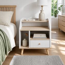 Nordic-Style Bedside Table Nightstand in White with 1 Drawer and Open Shelves 47