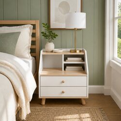 White Wood Bedside Table Nightstand with 2 Drawers and Open Storage, 47 cm