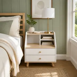 White Wood Bedside Table Nightstand with 2 Drawers and Open Storage, 47 cm