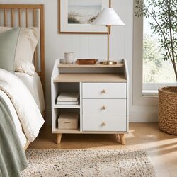 Nordic White Bedside Table with 3 Drawers and Open Tray, 67cm