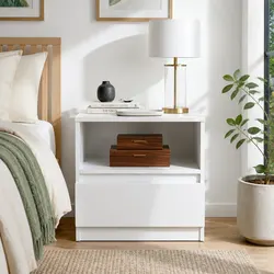Compact Bedside Table Nightstand in Warm White with Drawer and Shelf 47cm