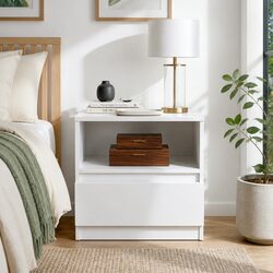 Compact Bedside Table Nightstand in Warm White with Drawer and Shelf 47cm