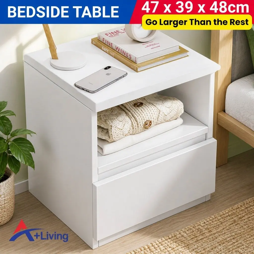 Bedside Table Compact Nightstand with Drawer and Shelf 47cm Warm White