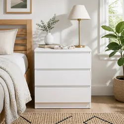 Stylish Warm White Nightstand with 3 Functional Drawers and Sleek Design