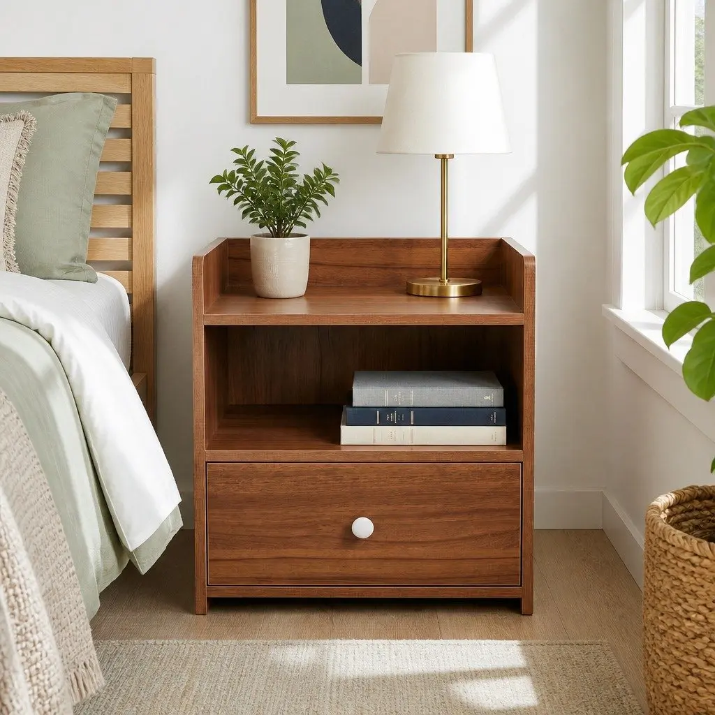 Vintage Bedside Table / Nightstand with Drawer and Open Shelf 48cm Walnut