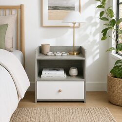 Compact Nightstand 48cm Light Gray Wood Grain with Drawer and Open Tray