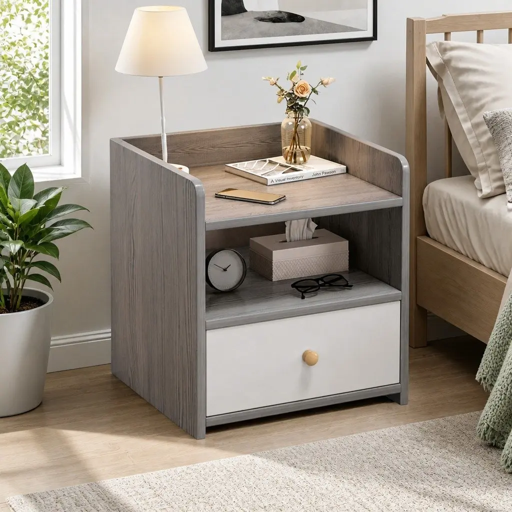 Nightstand Compact Light Gray Wood Grain 48cm with Drawer and Open Tray
