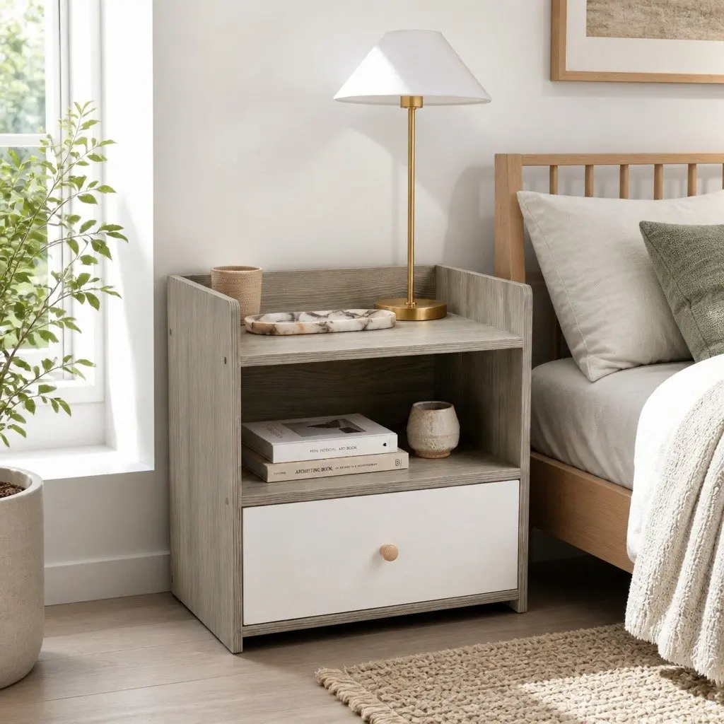 Nightstand Compact Light Gray Wood Grain 48cm with Drawer and Open Tray