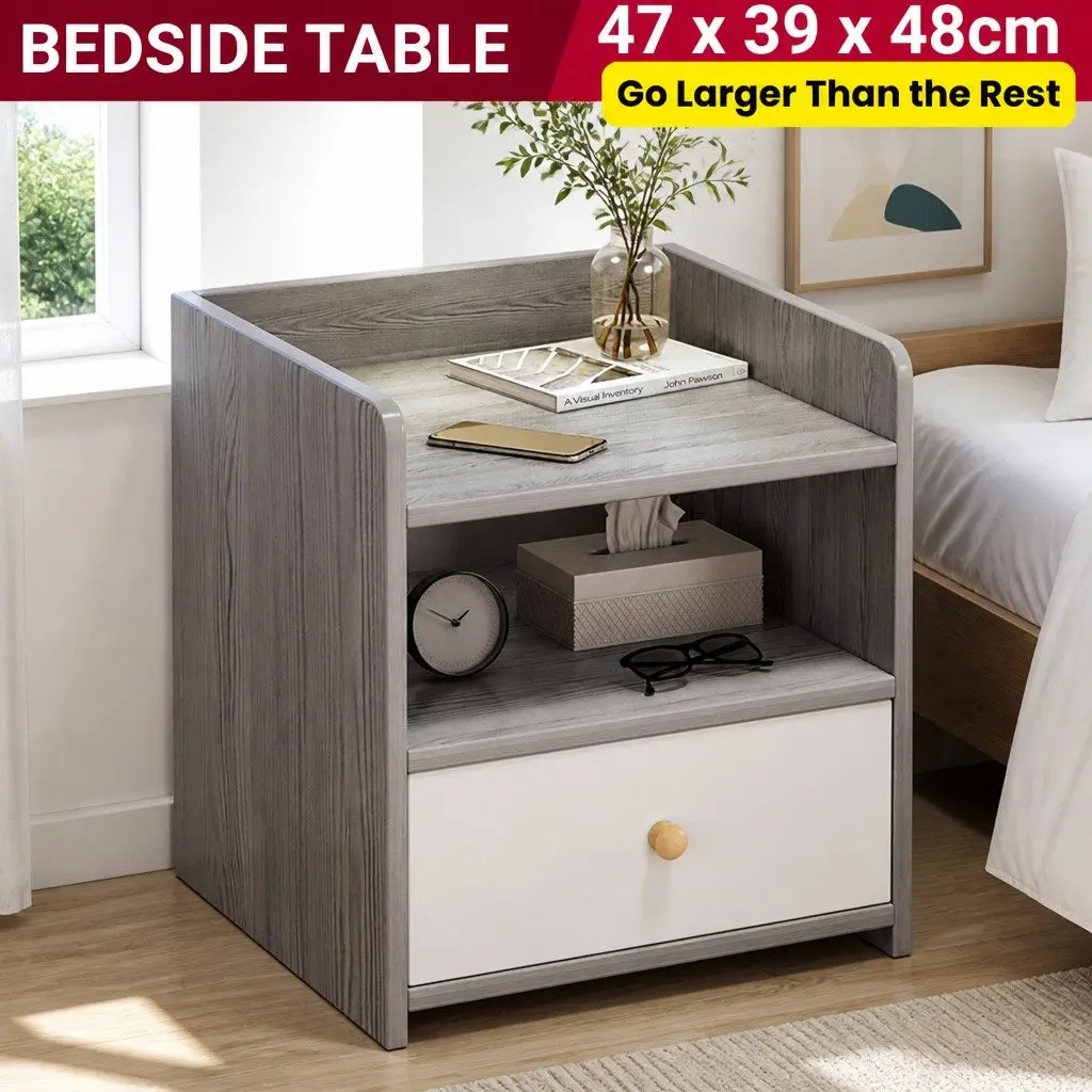 Nightstand Compact Light Gray Wood Grain 48cm with Drawer and Open Tray