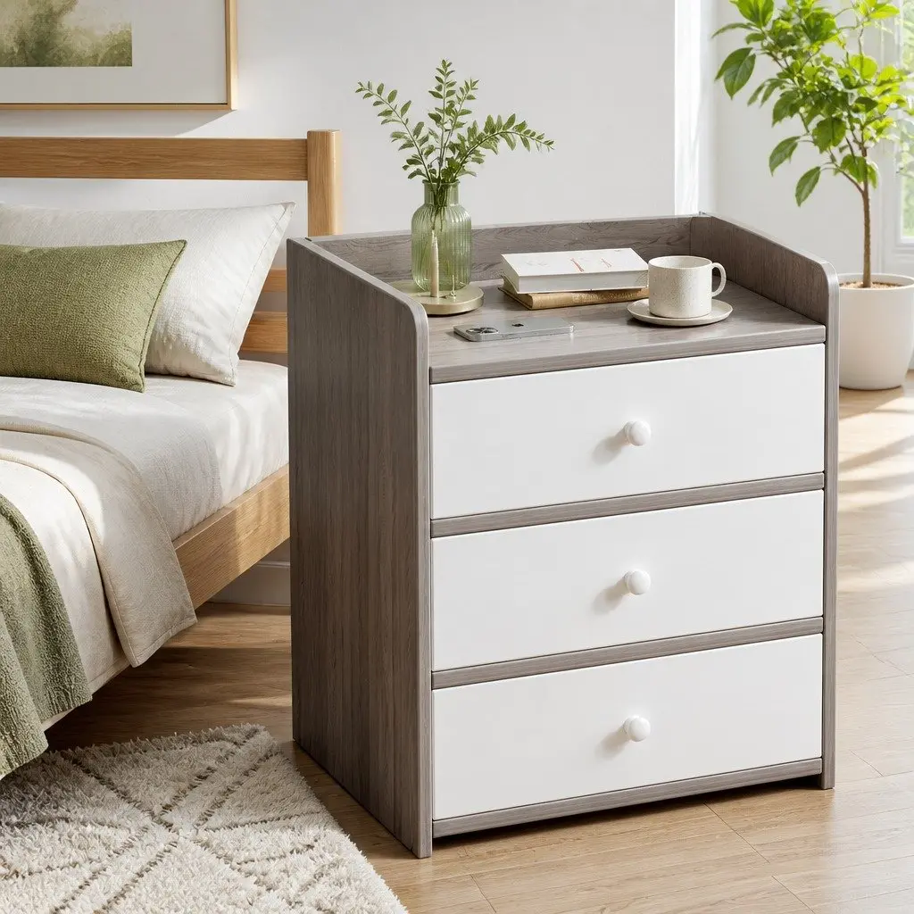 Nightstand Compact Light Gray Wood Grain 48cm with Drawer and Open Tray