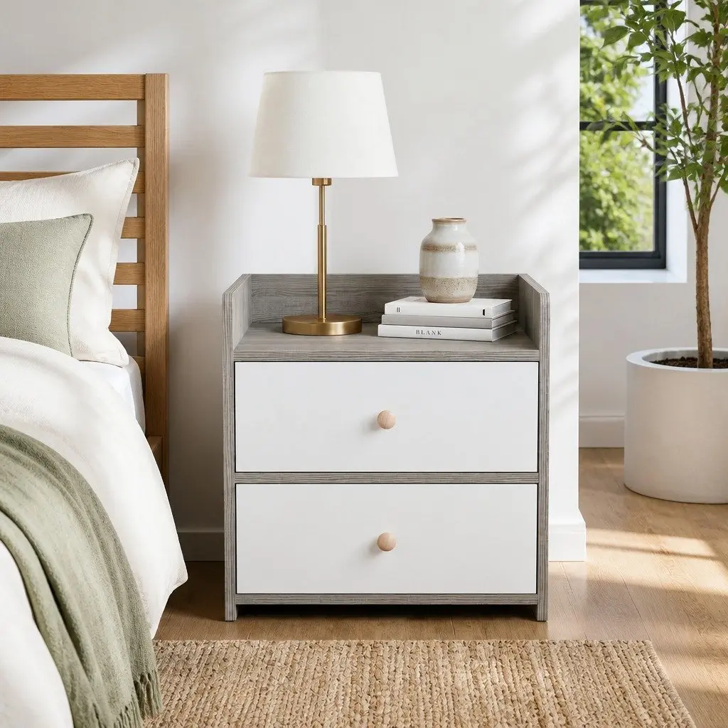 Bedside Table Nightstand Two-Tone Light Gray White Wooden Drawers Knobs