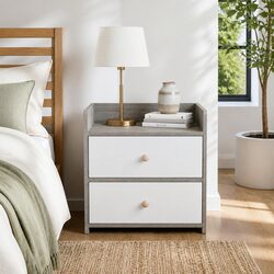 Bedside Table Nightstand Two-Tone Light Gray White Wooden Drawers Knobs