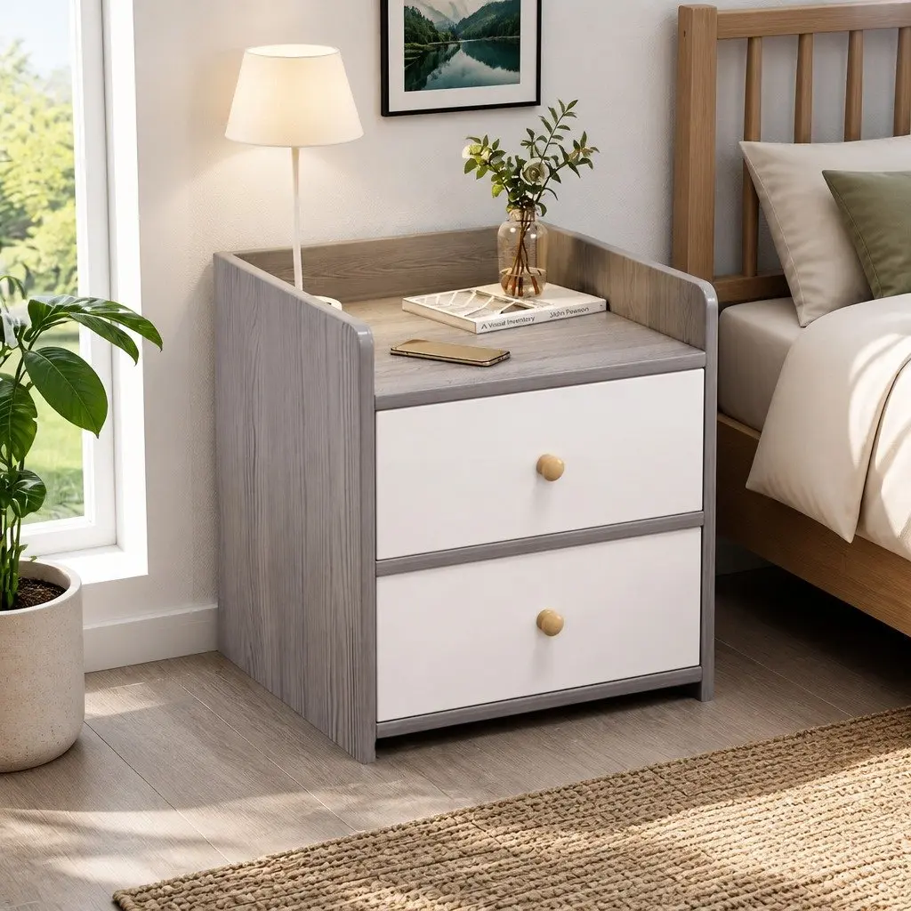 Bedside Table Nordic Style Two-Tone Light Gray White Wooden Drawers