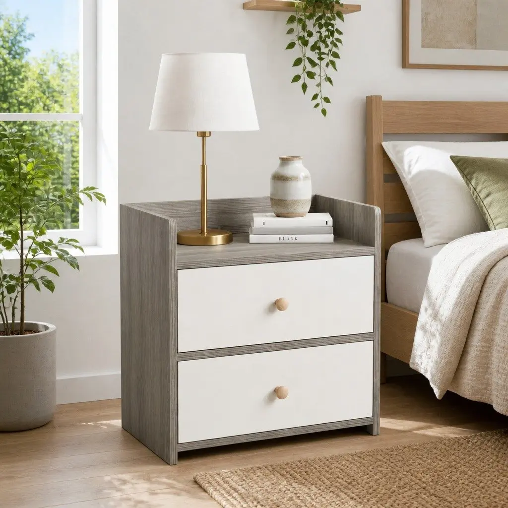 Bedside Table Nordic Style Two-Tone Light Gray White Wooden Drawers