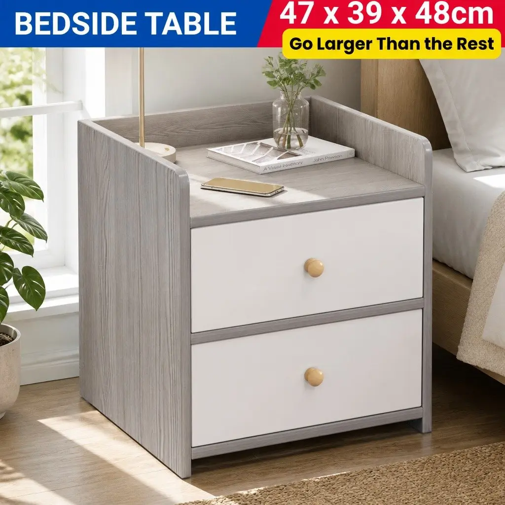 Bedside Table Nordic Style Two-Tone Light Gray White Wooden Drawers