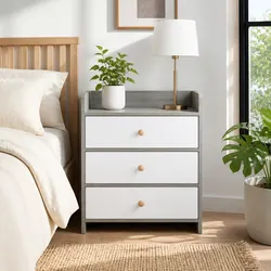 Bedside Table Nightstand 3 Drawer Storage Wood Grain Light Gray Bedroom