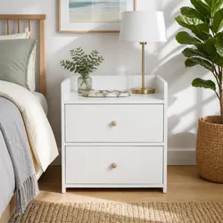 Warm White Bedside Table Nightstand with 2 Drawers and Open Tray - 47 cm