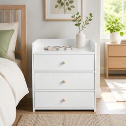Bedside Table Nightstand with 3 Drawers and Tray Top in Warm White 47cm x 59cm