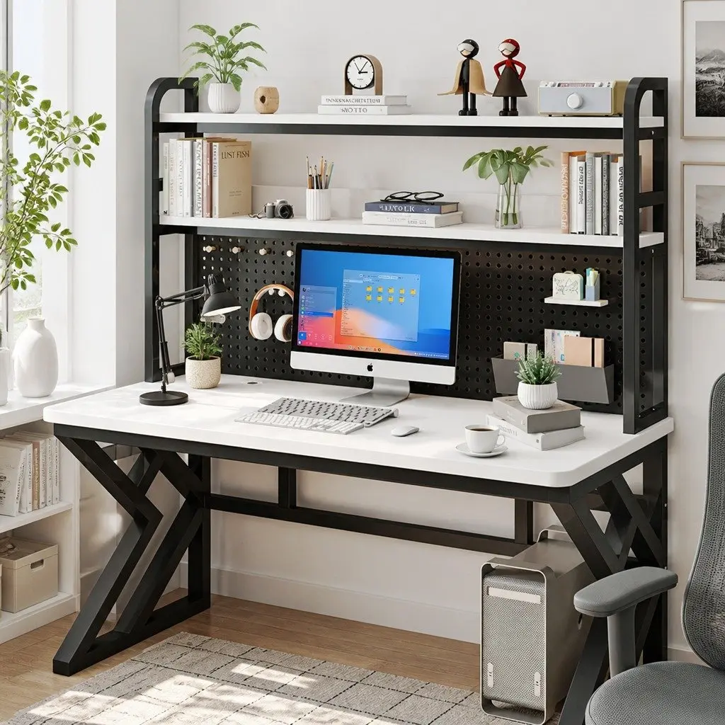 Computer Study Desk Nordic Style Large Size Black Legs White Desktop