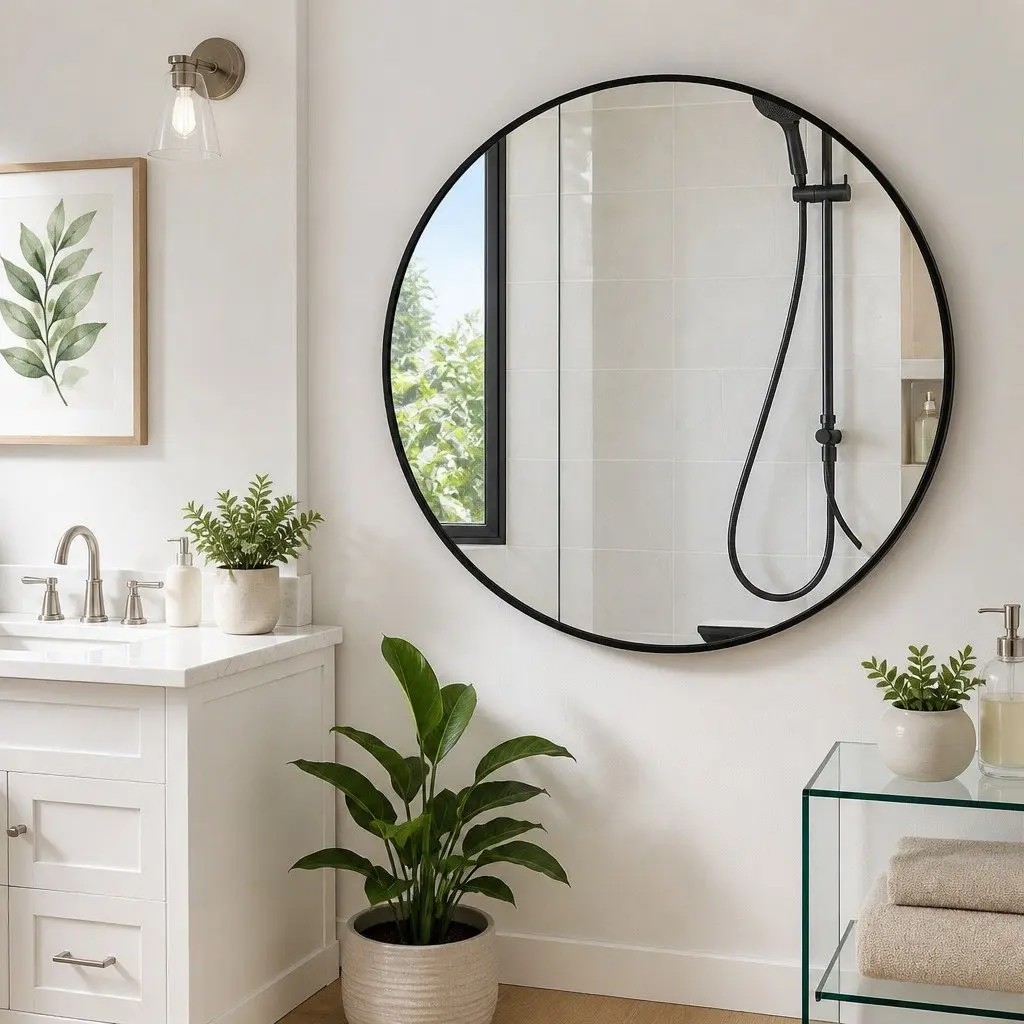 Circular Wall Mirror High Definition 80cm Black Metal Frame Vintage Bathroom Vanity Accent Decor