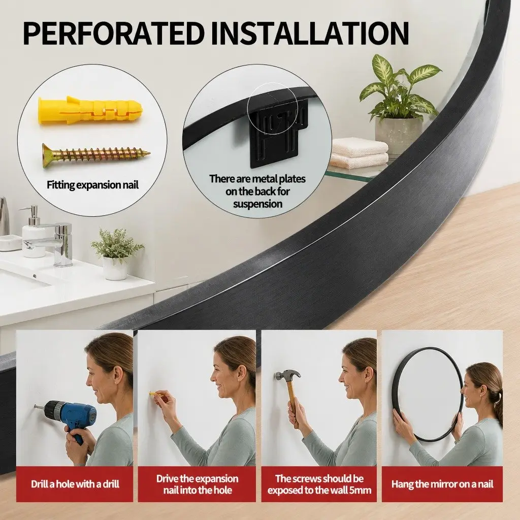 Circular Wall Mirror High Definition 80cm Black Metal Frame Vintage Bathroom Vanity Accent Decor