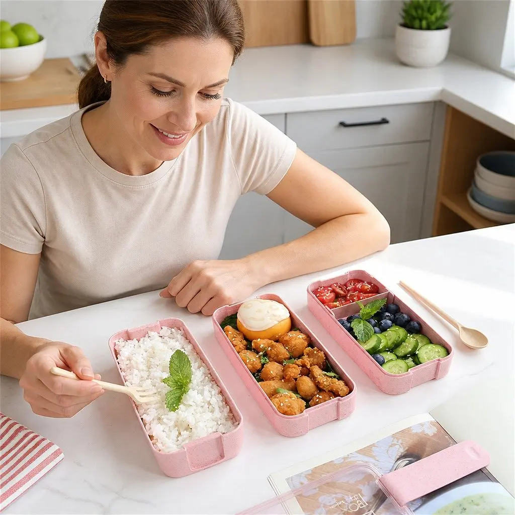 Bento Box Lunch Container Leakproof Flexible Lock Seal 800-1000ml Pink