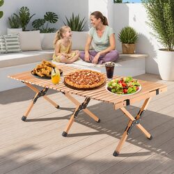 Wooden Folding Camping Table Outdoor Picnic Beach Desk Egg Roll Furniture